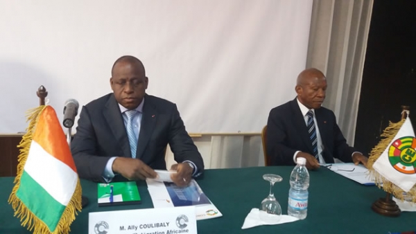 Le ministre de l'Int&eacute;gration africaine et des Ivoiriens de l'ext&eacute;rieur (&agrave; gauche) et le Secr&eacute;taire ex&eacute;cutif, Patrice Kouam&eacute;