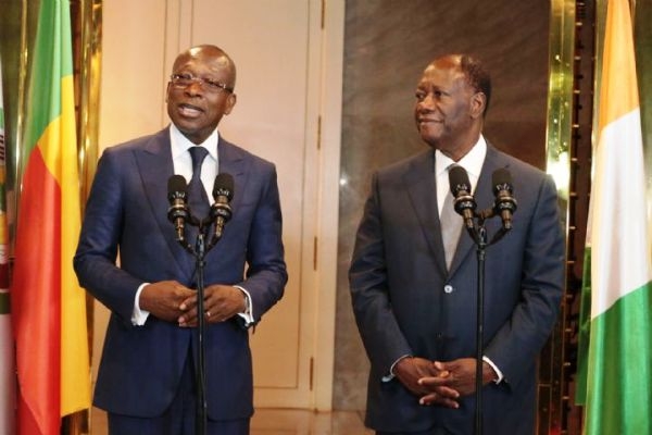 Patrice Talon, pr&eacute;sident du B&eacute;nin, et Alassane Ouattara, pr&eacute;sident de C&ocirc;te d'Ivoire