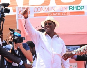 Le pr&eacute;sident Alassane Ouattara lors d'une convention du RHDP en 2015 (Cr&eacute;dit Photo : abidjan.net)